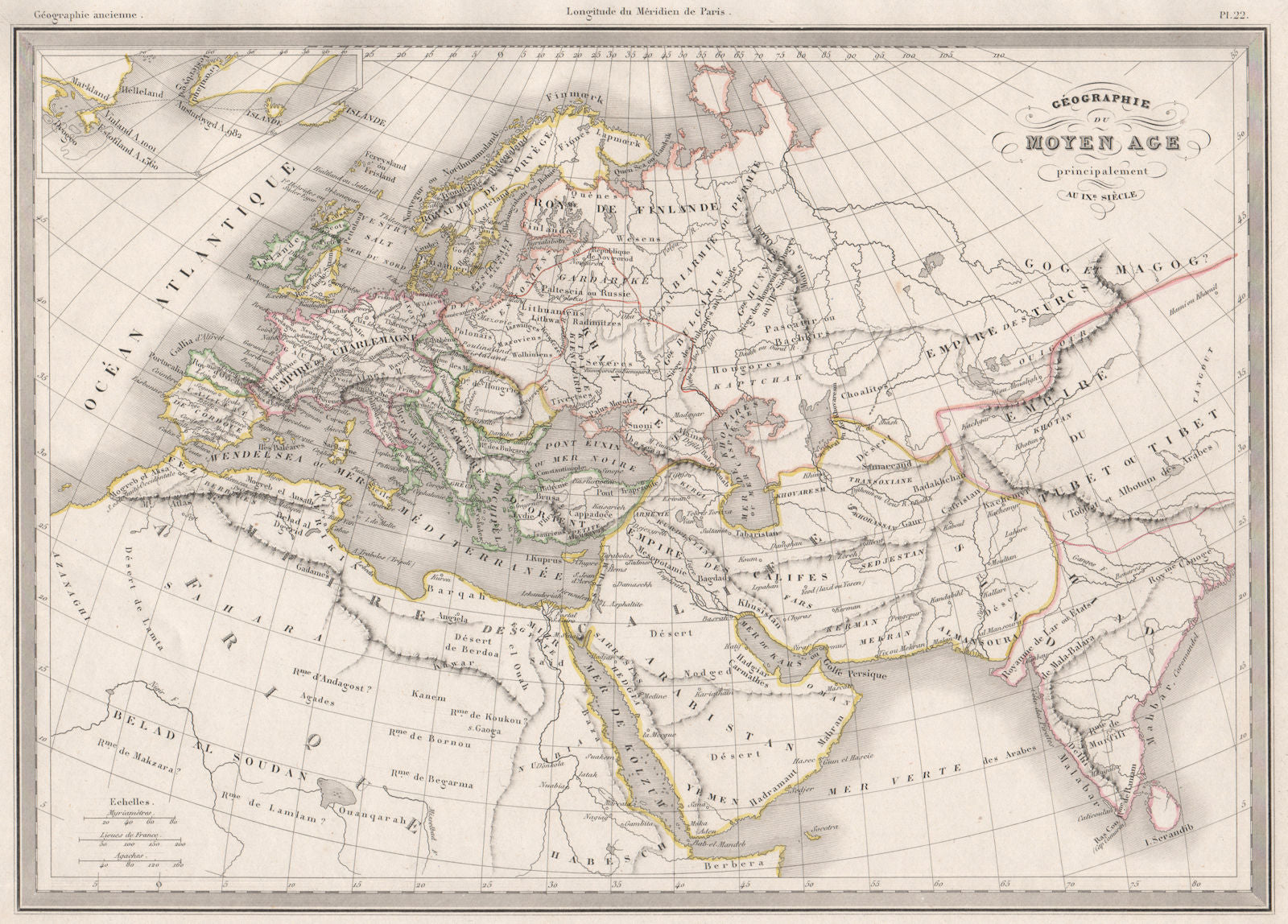 WORLD IN 9TH CENTURY. Géographie du Moyen age. Middle ages.MALTE-BRUN c1846 map